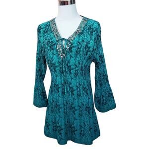 Y2K FASHION BUG Top Blouse L Accordion Pleats Flare Sequins Snake‎ Turquoise